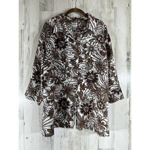 Chicos Top Size 3 or XL Brown Floral Hawaiian Linen 3/4 Sleeve‎ Button Up READ